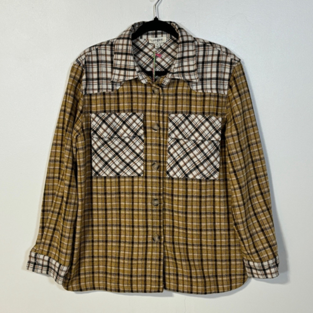 Umgee Plaid Button Down Shacket Women’s Medium Yellow Black Mustard Pockets NWT